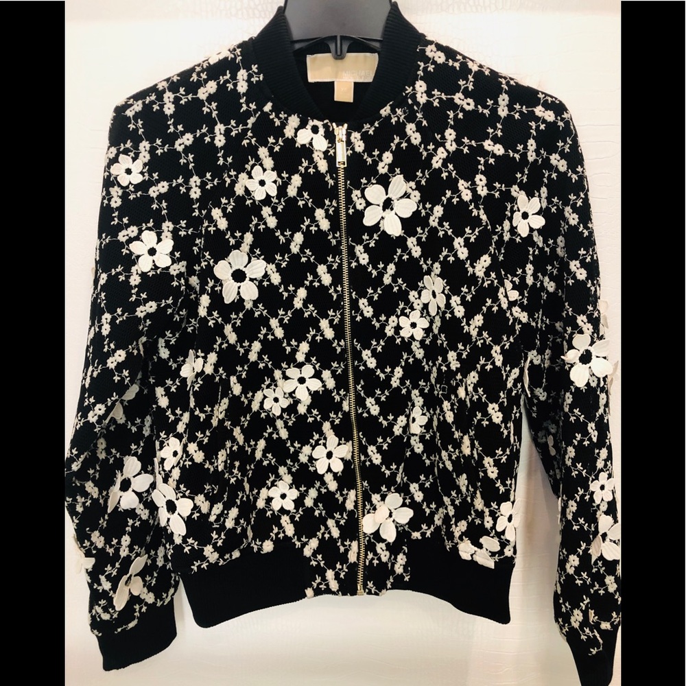 Michael Kors Floral Embroidered Mesh Bomber Jacket